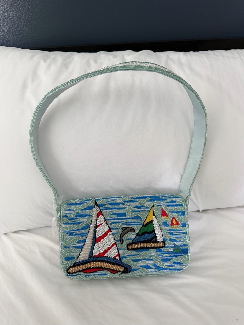 Beaded Sailboat Shoulder Bag in Light Blue